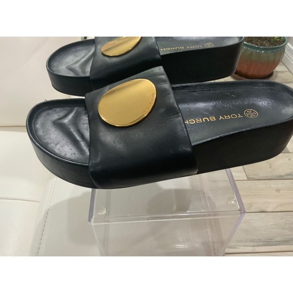 Tory Burch Black Leather Double T Logo Slides Sandals Women's Size - Picture 5 of 17
